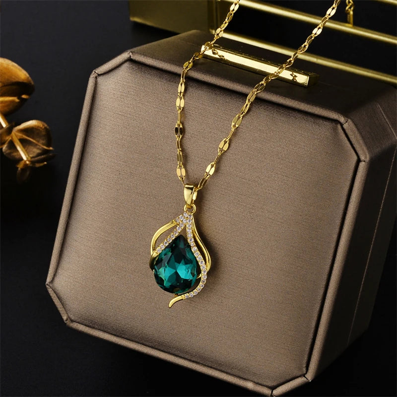 Women Green Crystal Stainless Steel Necklaces